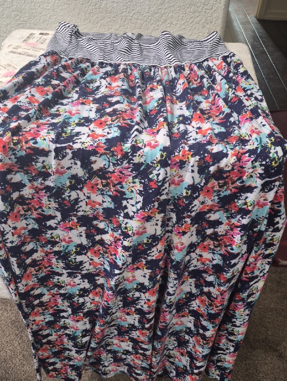 Striped Waist Floral Maxi Skirt - Navy, Coral, Aqua